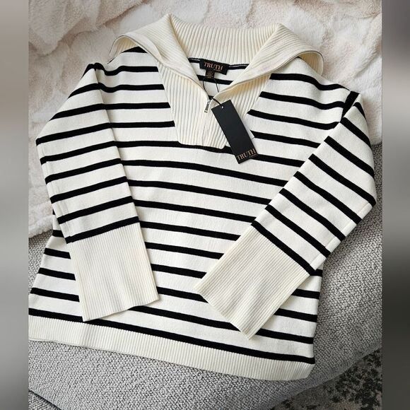 Truth Black and White Striped Quarter Zip Sweater - Picture 1 of 3